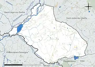 Carte en couleur présentant le réseau hydrographique de la commune