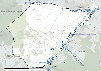 Carte en couleur présentant le réseau hydrographique de la commune