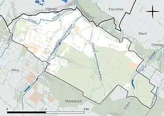 Carte en couleur présentant le réseau hydrographique de la commune