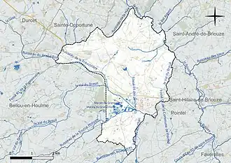 Carte en couleur présentant le réseau hydrographique de la commune