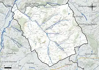 Carte en couleur présentant le réseau hydrographique de la commune