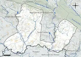 Carte en couleur présentant le réseau hydrographique de la commune