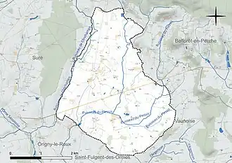 Carte en couleur présentant le réseau hydrographique de la commune