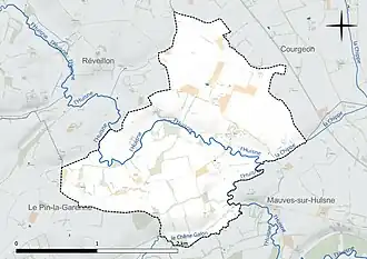Carte en couleur présentant le réseau hydrographique de la commune