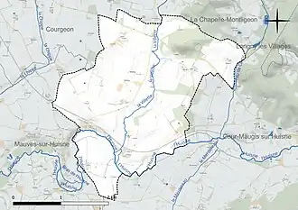 Carte en couleur présentant le réseau hydrographique de la commune