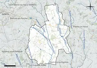 Carte en couleur présentant le réseau hydrographique de la commune