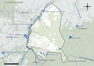 Carte en couleur présentant le réseau hydrographique de la commune