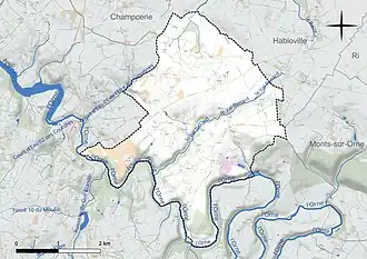 Carte en couleur présentant le réseau hydrographique de la commune