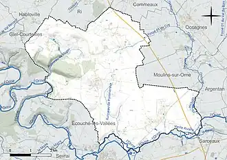 Carte en couleur présentant le réseau hydrographique de la commune
