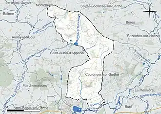 Carte en couleur présentant le réseau hydrographique de la commune