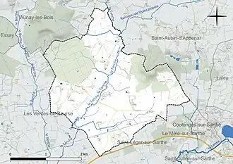 Carte en couleur présentant le réseau hydrographique de la commune