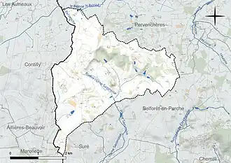 Carte en couleur présentant le réseau hydrographique de la commune