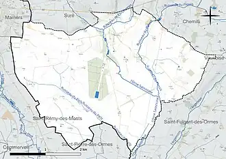 Carte en couleur présentant le réseau hydrographique de la commune