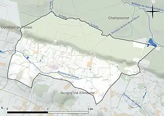 Carte en couleur présentant le réseau hydrographique de la commune