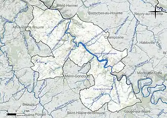 Carte en couleur présentant le réseau hydrographique de la commune