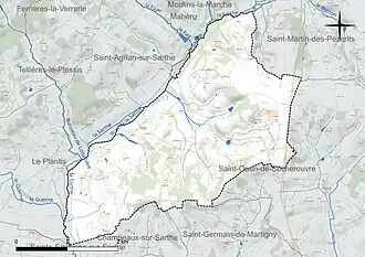 Carte en couleur présentant le réseau hydrographique de la commune