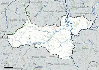 Carte en couleur présentant le réseau hydrographique de la commune