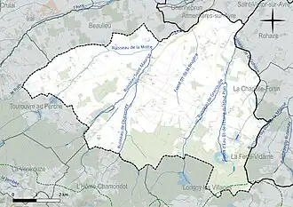 Carte en couleur présentant le réseau hydrographique de la commune