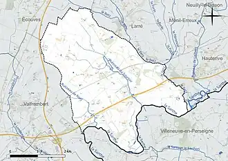 Carte en couleur présentant le réseau hydrographique de la commune