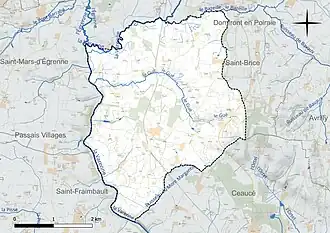 Carte en couleur présentant le réseau hydrographique de la commune