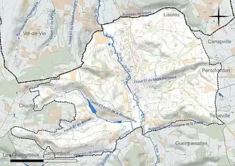 Carte en couleur présentant le réseau hydrographique de la commune