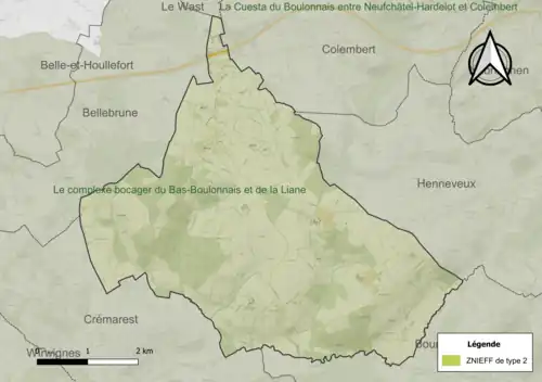 Carte de la ZNIEFF de type 2 sur la commune.