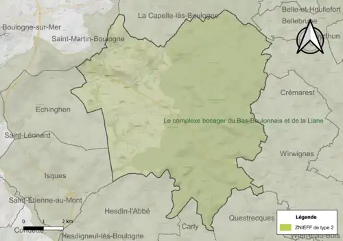 Carte de la ZNIEFF de type 2 sur la commune.