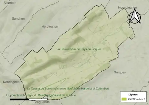Carte des ZNIEFF de type 2 sur la commune.