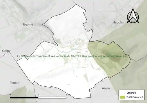 Carte de la ZNIEFF de type 2 sur la commune.