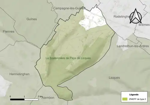 Carte de la ZNIEFF de type 2 sur la commune.
