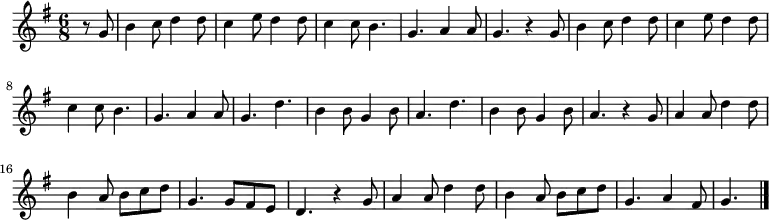 \relative c'' {
\key g \major
\numericTimeSignature
\time 6/8
\partial 4
\dynamicUp
r8 g
b4 c8 d4 d8
c4 e8 d4 d8
c4 c8 b4.
g a4 a8
g4. r4 g8
b4 c8 d4 d8
c4 e8 d4 d8
c4 c8 b4.
g a4 a8
g4. d'
b4 b8 g4 b8
a4. d
b4 b8 g4 b8
a4. r4 g8
a4 a8 d4 d8
b4 a8 b c d
g,4. g8 fis e
d4. r4 g8
a4 a8 d4 d8
b4 a8 b c d
g,4. a4 fis8
g4.\bar "|."
}