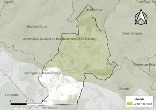 Carte de la ZNIEFF de type 2 sur la commune.