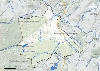Carte en couleur présentant le réseau hydrographique de la commune
