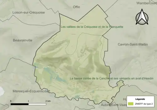Carte des ZNIEFF de type 2 sur la commune.