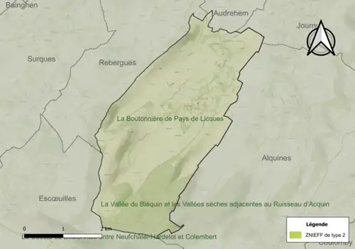 Carte de la ZNIEFF de type 2 sur la commune.
