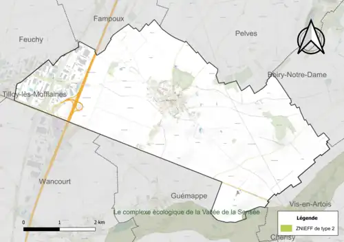 Carte de la ZNIEFF de type 2 sur la commune.