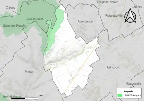 Carte de la ZNIEFF de type 1 sur la commune.