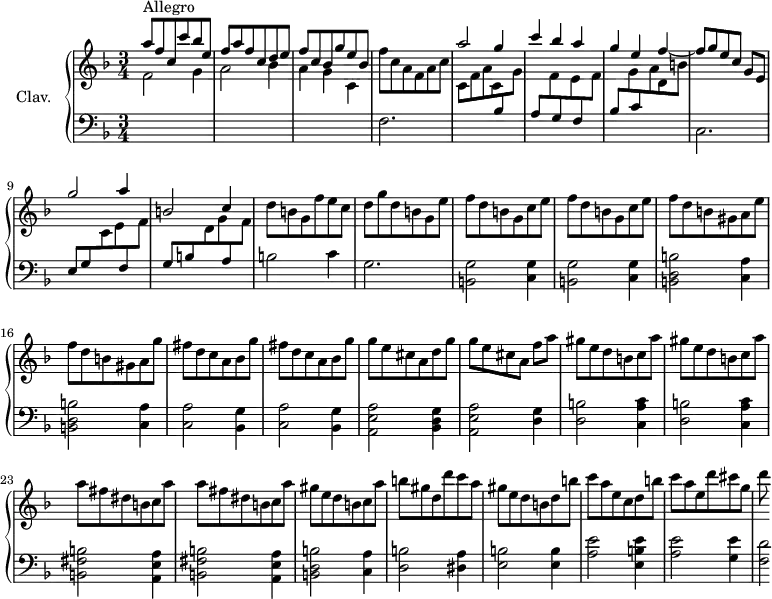 
\version "2.18.2"
\header {
  tagline = ##f
}

%% les petites notes
trillBesp     = { \tag #'print { bes4.\prall } \tag #'midi { c16 bes c bes c bes } }

upper = \relative c'' {
  \clef treble 
  \key f \major
  \time 3/4
  \tempo 4 = 142
  \set Staff.midiInstrument = #"harpsichord"

      s8*0^\markup{Allegro}
      \stemUp a'8 f c c' bes e, | f a f c d e | f c bes g' e bes | \stemNeutral f' c a f a c | \stemUp a'2 g4 |
      % ms. 6
      c4 bes a | g e f~ | f8 g e c g[ e] |  g'2 a4 | b,2 c4 | \stemNeutral
      % ms. 11
      d8 b g f' e c | d g d b g e' | \repeat unfold 2 { f8 d b g c e } | f d b gis a e' |
      % ms. 16
      f8 d b gis a g' | \repeat unfold 2 { fis8 d c a bes g' } | g8 e cis a d g | g e cis a f'[ a] |
      % ms. 21
      \repeat unfold 2 { gis8 e d b c a' } | \repeat unfold 2 { a fis dis  b c a' } | gis e d b c a' | 
      % ms. 26
      b8 gis d d' c a | gis e d b d b' | c a e c d b' | c a e d' cis g | d'
      % ms. 2
      

}

lower = \relative c' {
  \clef bass
  \key f \major
  \time 3/4
  \set Staff.midiInstrument = #"harpsichord"

    % **************************************
      \stemDown \change Staff = "upper" f2 g4 | a2 bes4 | a g c, | \change Staff = "lower" f,2. |
      % ms. 5
      \change Staff = "upper" c'8 f a c, \stemUp \change Staff = "lower" bes \stemDown \change Staff = "upper" g' |
      % ms. 6
      \stemUp \change Staff = "lower" a,  \stemDown \change Staff = "upper" f' \stemUp \change Staff = "lower" g, \stemDown \change Staff = "upper" e'  \stemUp \change Staff = "lower" f, \stemDown \change Staff = "upper" f' |
      % ms. 7
      \stemUp \change Staff = "lower" bes, \stemDown \change Staff = "upper" g' \stemUp \change Staff = "lower"  c, \stemDown \change Staff = "upper" a' d, b' \change Staff = "lower" c,,2.
      % ms. 9
      \stemUp e8 g \stemDown \change Staff = "upper" c e \stemUp \change Staff = "lower" f, \stemDown \change Staff = "upper" f' | \stemUp \change Staff = "lower" g,8 b \stemDown \change Staff = "upper" d g \stemUp \change Staff = "lower" a, \stemDown \change Staff = "upper" f' | \change Staff = "lower"
      % ms. 11
      b,2 c4 | g2. | \repeat unfold 2 { < b, g' >2 < c g' >4 } | \repeat unfold 2 { < b d b' >2 < c a' >4 } |
      % ms. 17
      \repeat unfold 2 { < c a' >2 < bes g' >4 } |  < a e' a >2 < bes d g >4 | < a e' a >2 < d g >4 |
      % ms. 21
      \repeat unfold 2 { < d b'  >2 < c a' c >4 } | \repeat unfold 2 { < b fis' b >2 < a e' a >4 } | < b d b' >2 < c a' >4 |
      % ms. 26 
      < d b' >2 < dis a' >4 | < e b' >2 q4 | < a e' >2 < e b' e >4 | < a e' >2 < g e' >4 | < f d' >2*1/4

}

thePianoStaff = \new PianoStaff <<
    \set PianoStaff.instrumentName = #"Clav."
    \new Staff = "upper" \upper
    \new Staff = "lower" \lower
  >>

\score {
  \keepWithTag #'print \thePianoStaff
  \layout {
      #(layout-set-staff-size 17)
    \context {
      \Score
     \override SpacingSpanner.common-shortest-duration = #(ly:make-moment 1/2)
      \remove "Metronome_mark_engraver"
    }
  }
}

\score {
  \keepWithTag #'midi \thePianoStaff
  \midi { }
}
