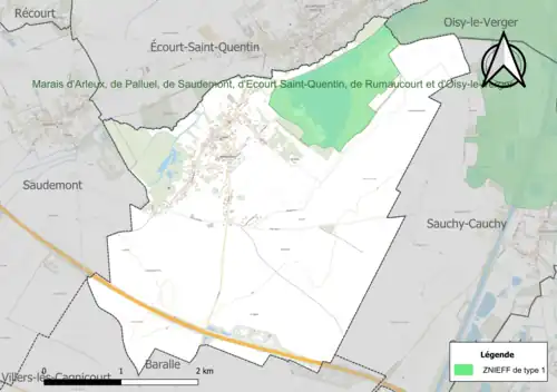Carte de la ZNIEFF de type 1 sur la commune.