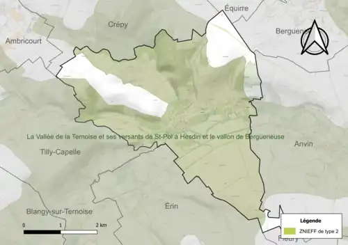 Carte de la ZNIEFF de type 2 sur la commune.