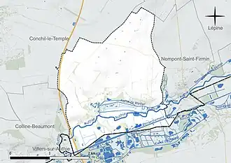 Carte en couleur présentant le réseau hydrographique de la commune