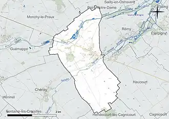 Carte en couleur présentant le réseau hydrographique de la commune
