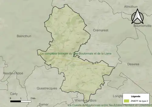 Carte de la ZNIEFF de type 2 sur la commune.
