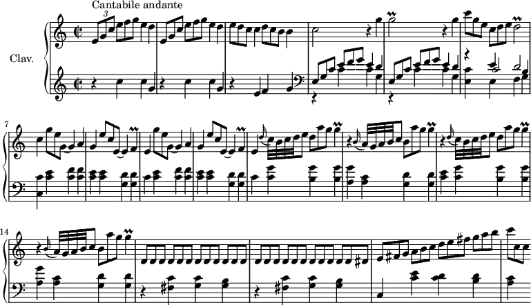 
\version "2.18.2"
\header {
  tagline = ##f
}

%% les petites notes
trillGb = { \tag #'print { g2\prall } \tag #'midi { a32 g a g~ g8~ g4 } }
trillDb = { \tag #'print { d2\prall } \tag #'midi { e32 d e d~ d8~ d4 } }
trillF = { \tag #'print { f4\prall } \tag #'midi { g32 f g f~ f8 } }
trillG = { \tag #'print { g4\prall } \tag #'midi { a32 g a g~ g8 } }

upper = \relative c'' {
  \clef treble 
  \key c \major
  \time 2/2
  \tempo 2 = 56
  \set Staff.midiInstrument = #"harpsichord"
  \override TupletBracket.bracket-visibility = ##f

      s8*0^\markup{Cantabile andante}
      \repeat unfold 2 { \times 2/3 { e,8 g c }   \omit TupletNumber \times 2/3 { e8[ f g] } e4 d } | \times 2/3 { e8[ d c] } c4 \times 2/3 { d8[ c b] } b4 |
      % ms. 4
      c2 r4 g'4 | \trillGb r4 g4 | \times 2/3 { c8 g e } \times 2/3 { c[ d e] } \trillDb |
      % ms. 7
      c4 \times 2/3 { g'8 e g,~ } g4 a | g4 \times 2/3 { e'8[ c e,~] } e4 \trillF | e4 \times 2/3 { g'8 e g,~ } g4 a | g4 \times 2/3 { e'8 c e,~ } e4 \trillF |
      % ms. 11
      e4 \appoggiatura d'16 c32 b c d e8 \times 2/3 { d8 a' g } \trillG | r4 \appoggiatura b,16 a32 g a b c8 \times 2/3 { b8 a' g } g4\prall | r4 \appoggiatura d16 c32 b c d e8 \times 2/3 { d8 a' g } \trillG |
      % ms. 14
      r4 \appoggiatura b,16 a32 g a b c8 \times 2/3 { b8 a' g } \trillG | \repeat unfold 7 { \times 2/3 { d,8[ d d] } } \times 2/3 { d8[ d dis] }
      % ms. 17
      \times 2/3 { e8[ fis g] } \times 2/3 { a8[ b c] } \times 2/3 { d8[ e fis] } \times 2/3 { g8[ a b] } | \times 2/3 { c8[ c, c] }

}

lower = \relative c' {
  \clef bass
  \key c \major
  \time 2/2
  \set Staff.midiInstrument = #"harpsichord"
  \override TupletBracket.bracket-visibility = ##f


    % ************************************** \stemUp  \stemDown  \stemNeutral
        \clef treble  \repeat unfold 2 { r4 c'4 c g } | r4 e4 f g |   \clef bass
      % ms. 3
      \repeat unfold 2 { << {   \omit TupletNumber \times 2/3 { e,8 g c } \times 2/3 { e8[ f g] } e4 d } \\ { r4 c4 c g } >> } | << { r4 \stemUp  e'4 d2 } \\ { \stemUp s4 \shiftOn c2 b4 } \\ { \stemDown < e, c' >4 e f g } >>
      % ms. 7
      < c, c' >4 < c' e > < c f > q | < c e > q < g d' > q | c4 < c e > < c f > q | < c e > q < g d' > q |
      % ms. 11
      c4 < c g' > < b g' > q | < a g' > < a c > < g d' > q | < c e > < c g' > < b g' > q |
      % ms. 14
      < a g' > < a c > < g d' > q | \repeat unfold 2 { r4 < fis c' > < g c > < g b > } | 
      % ms. 17 
      c,4 < c' e > < c d > < b d > | < a c >

}

thePianoStaff = \new PianoStaff <<
    \set PianoStaff.instrumentName = #"Clav."
    \new Staff = "upper" \upper
    \new Staff = "lower" \lower
  >>

\score {
  \keepWithTag #'print \thePianoStaff
  \layout {
      #(layout-set-staff-size 17)
    \context {
      \Score
     \override SpacingSpanner.common-shortest-duration = #(ly:make-moment 1/2)
      \remove "Metronome_mark_engraver"
    }
  }
}

\score {
  \keepWithTag #'midi \thePianoStaff
  \midi { }
}
