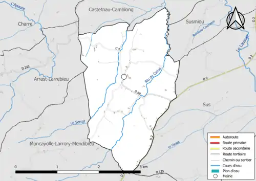 Carte en couleur présentant le réseau hydrographique de la commune