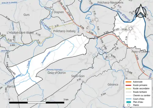 Carte en couleur présentant le réseau hydrographique de la commune