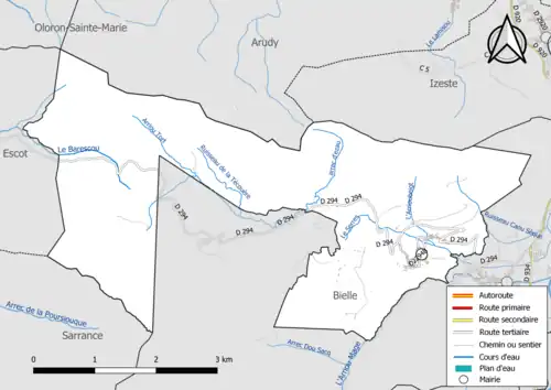Carte en couleur présentant le réseau hydrographique de la commune