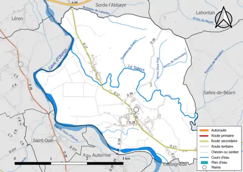 Carte en couleur présentant le réseau hydrographique de la commune