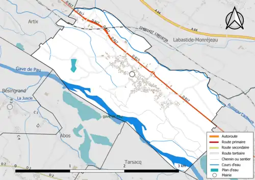 Carte en couleur présentant le réseau hydrographique de la commune