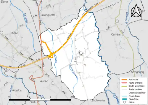 Carte en couleur présentant le réseau hydrographique de la commune